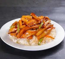 Eggplant with minced pork over rice