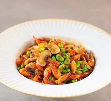 Stir-fried River Shrimp, Mushrooms, and Edamame