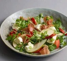 Burrata Cheese with Dry-Cured Ham, Tomato Skin and Pear Salad