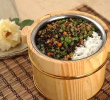 Olives and Green Beans in Wooden Bucket Rice