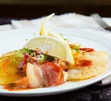 Grilled Fish Fillet with Mustard Sauce and Fresh Shrimp & Vegetables