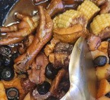 Stewed Chicken and Pork Ribs in Iron Pot