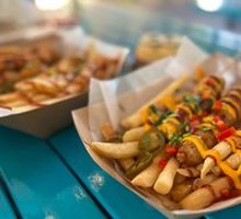 Pan-fried Sausage with Cheese Mustard Sauce and Fries