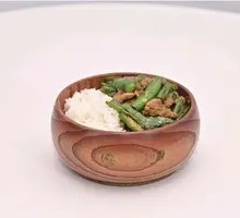 Rustic Pork Stir-fry with Wooden Bowl Rice