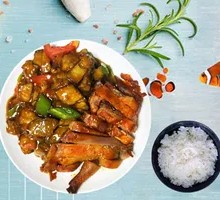 Braised Eggplant with Orlean Grilled Chicken Rice