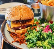 American BBQ Beef Burger with Sweet Potato Fries