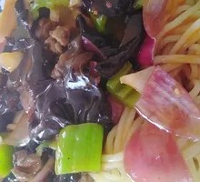Wood Ear Mushroom Stir-Fry with Pork over Noodles