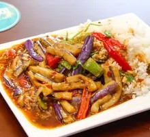 Eggplant with minced pork and fish-flavored sauce over rice