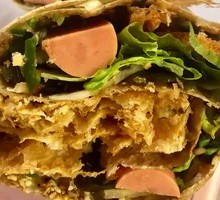 Freshly Baked Crispy Whole Grain Pancake with Sausage