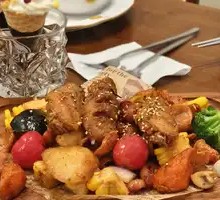 Grilled Vegetables with Chicken Wings and Sausage