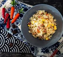 Stir-fried Rice with Duck Leg, Greens, and Egg