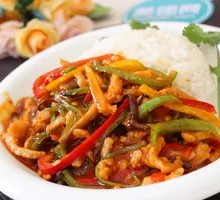 Stir-fried Garlic Shoots with Pork over Rice