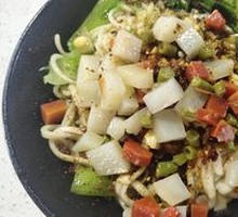 Spicy Vegetable Sauce Noodles with Oil Pouring