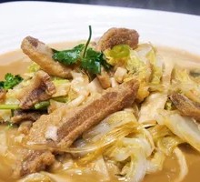 Pork Cracklings with Napa Cabbage and Pancake Stew