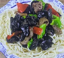 Wood Ear Mushroom Stir-Fry with Pork over Noodles