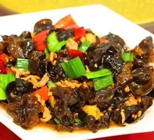 Wood Ear Mushroom Stir-Fry with Pork over Noodles