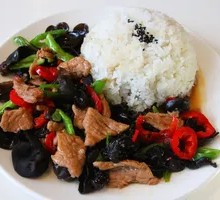 Wood Ear Mushroom Stir-Fry with Pork over Rice