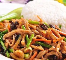 Stir-fried Garlic Shoots with Pork over Rice