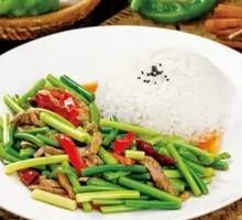 Stir-fried Garlic Shoots with Pork over Rice