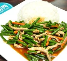 Stir-fried Garlic Shoots with Pork over Rice