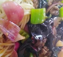 Wood Ear Mushroom Stir-Fry with Pork over Noodles