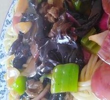 Wood Ear Mushroom Stir-Fry with Pork over Noodles