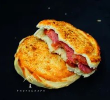 Burned Pancake with Ham and Fried Egg