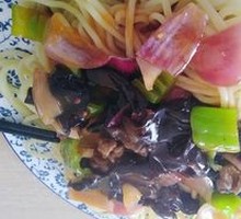 Wood Ear Mushroom Stir-Fry with Pork over Noodles