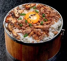 Mushroom and Pork in Wooden Bucket Rice