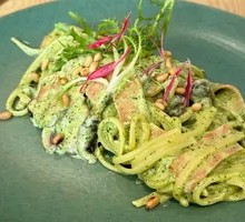 Bacon Mushroom Pesto Pasta