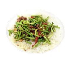 Braised Garlic Shoots with Pork over Rice