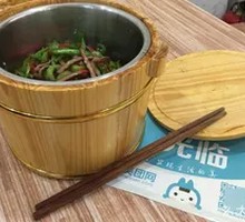 Green Pepper and Pork Stir-fry in Wooden Bucket Rice
