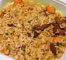 Black Pepper Beef and Orange Chicken Fried Rice