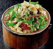 Bell Pepper and Egg in Wooden Bucket Rice