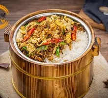 Grandmother's Vegetable Stir-Fry with Egg in Wooden Bowl Rice