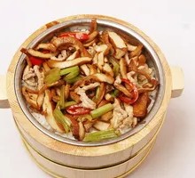 Celery Tofu Skin and Pork Rice in Wooden Bucket