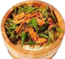 Rustic Pork Stir-fry with Wooden Bowl Rice