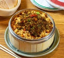 Grandmother's Vegetable Stir-Fry with Egg in Wooden Bowl Rice