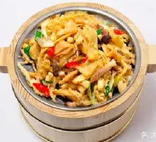 Wild Bamboo Shoots Stir-Fried with Preserved Pork in Wooden Bucket Rice