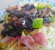 Wood Ear Mushroom Stir-Fry with Pork over Noodles