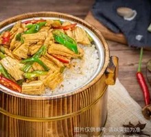 Fried Tofu Skin and Pork Rice in Wooden Bucket