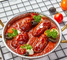 Grilled Chicken Meatballs with Spicy Sausage in Tomato Sauce