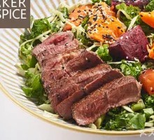 Pan-Seared Beef with Roasted Vegetables and Arugula Salad
