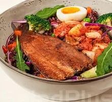 Grilled Saury with Kimchi and Grain Bowl