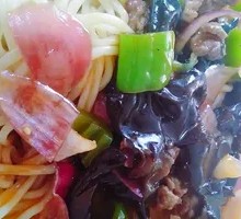 Wood Ear Mushroom Stir-Fry with Pork over Noodles