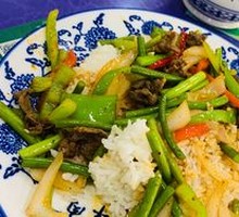 Stir-fried Garlic Shoots with Pork over Rice
