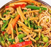 Fried Pork with Tofu Sheets and Noodles