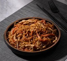 Stir-Fried Pork and Green Beans Noodles in Iron Pot