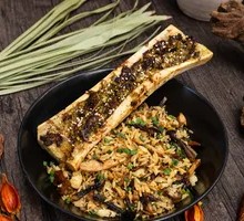 Roasted Peperoncini Sauce Grilled Beef Bone Marrow Wild Mushroom Rice