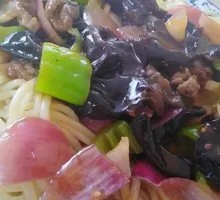 Wood Ear Mushroom Stir-Fry with Pork over Noodles